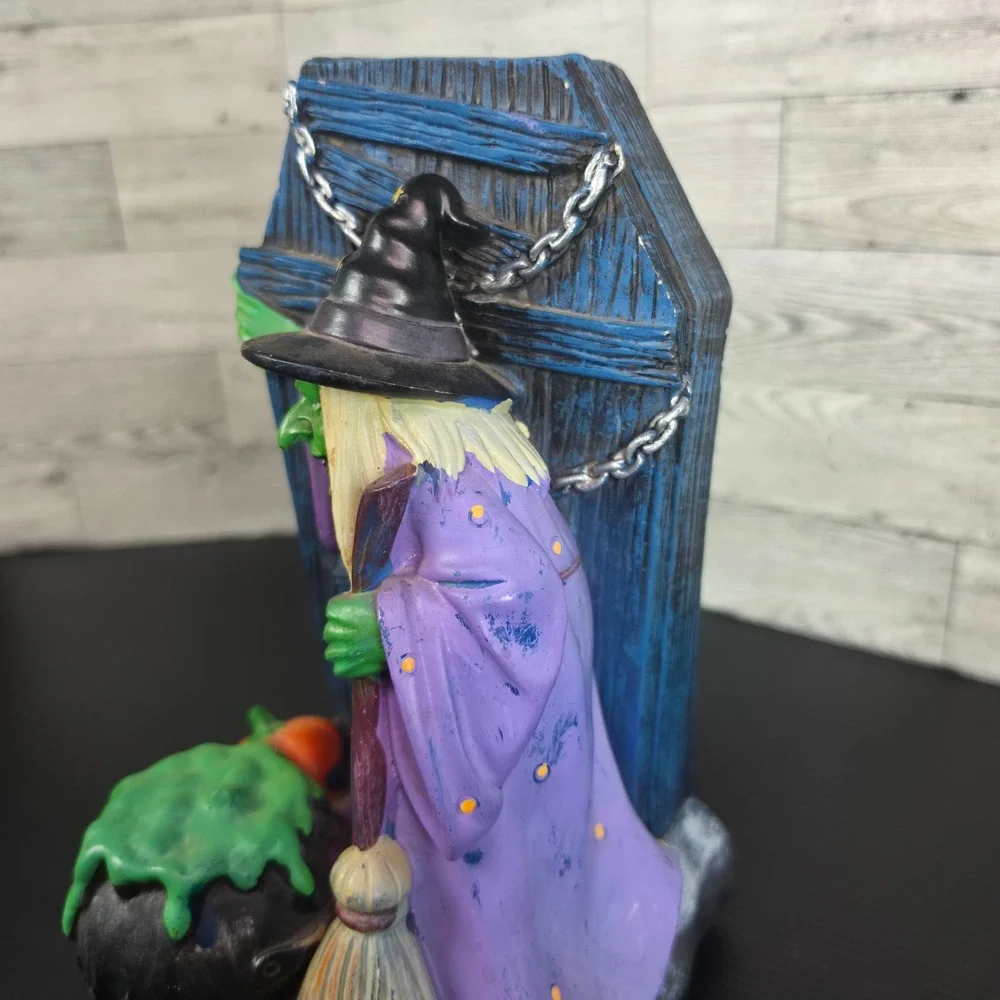 Vintage Halloween Witch Figurine Coffin Cauldron Pumpkin Resin Decor 11 inch